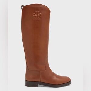 Tory Burch The Riding Boot Palissandro Royal Tan Leather Logo Stitch Womens 9.5